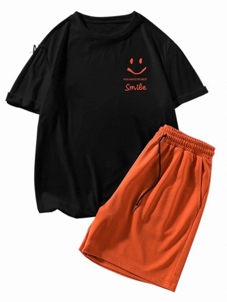 

men slogan & expression print tee & drawstring waist shorts 39ih#, Gray