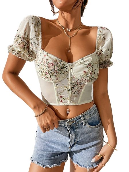 

petite floral embroidery puff sleeve mesh insert bustier crop chiffon v3hq#, White