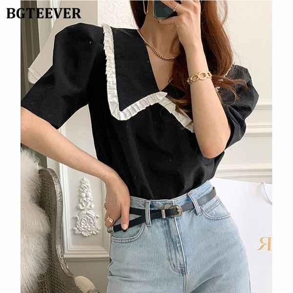 

chic stylish lapel patchwork women blouses elegant puff short sleeve loose female shirts 2021 summer blusas femme, White