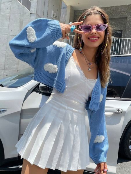 

clouds pattern drop shoulder crop cardigan v0g8#, White;black