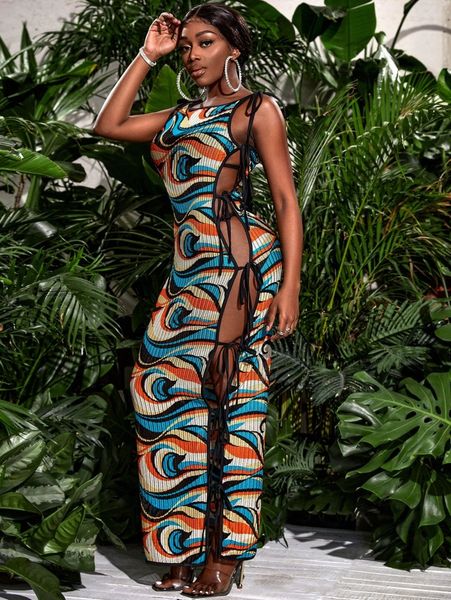 

sxy graphic print split knot side sleeveless dress m7ht#, Black;gray
