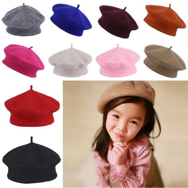 

baby kids girls beret french artist warm wool winter beanie hat retro vintage plain solid color elegant, Yellow