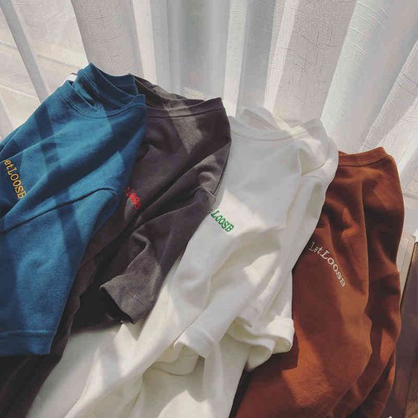 

women's t-shirt letter embroidered solid color t-shirt women's korean version loose brushed short sleeve female student inner bott, White