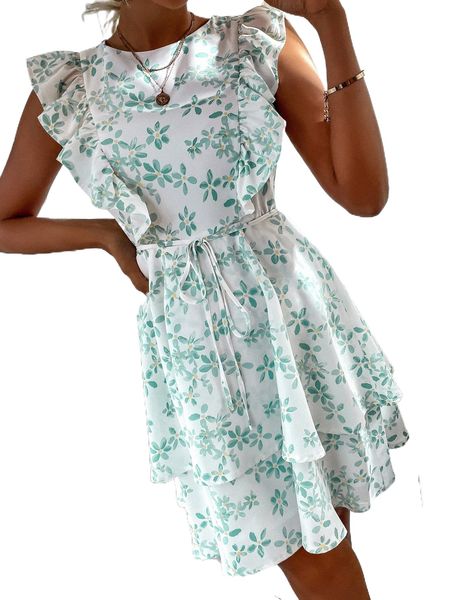 

allover floral print ruffle armhole layered hem belted dress f7ld#, Black;gray