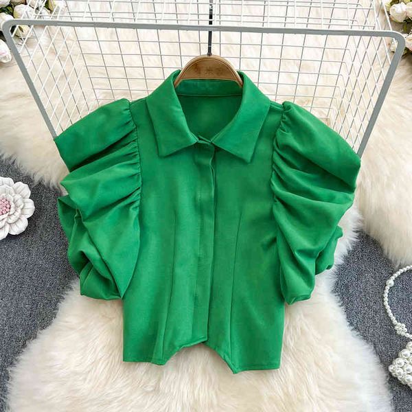

women's blouses shirts 2022 style court slim shirt with short sleeves tdfs, White