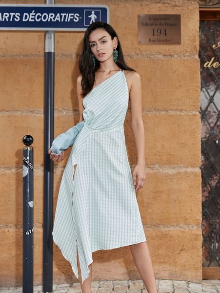 

one shoulder open back split thigh gingham dress e5ig#, Black;gray