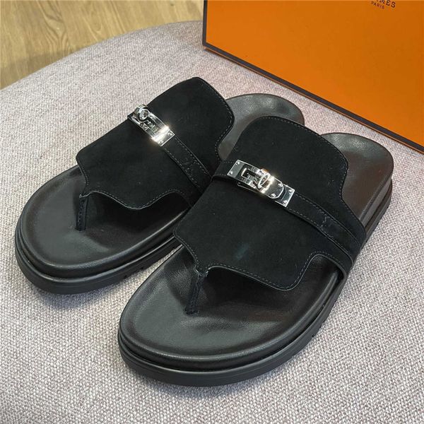 

spring/summer pure leather slippers flip flops metal decoration casual show thin flat slippers size 35-41, Black