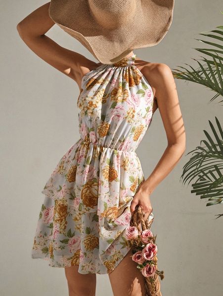 

floral print layered hem halter neck dress j0i1#, Black;gray