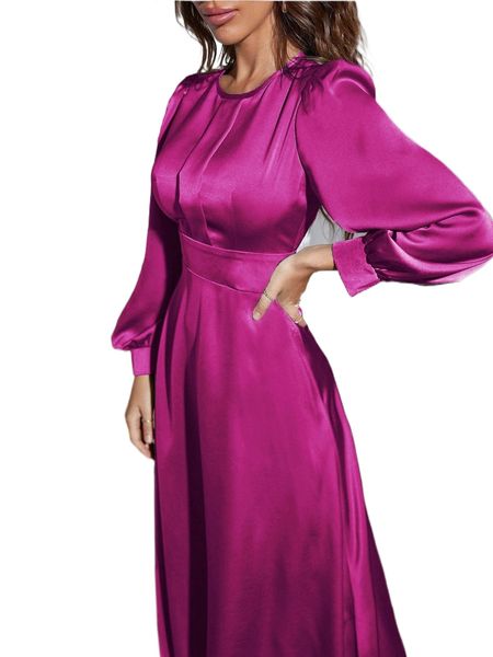 

solid bishop sleeve satin a-line dress v1u9#, Black;gray