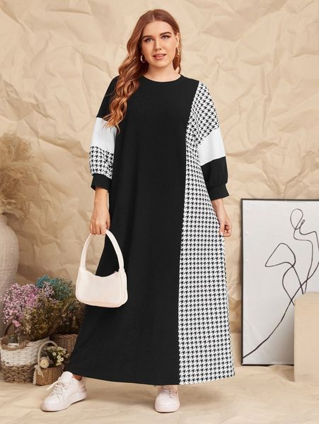 

plus houndstooth colorblock tee dress 02be#, Black