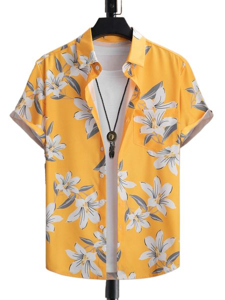 

men 1pc floral print pocket patched shirt t1tv#, White;black
