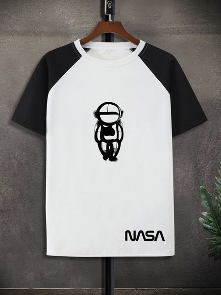 

men letter & astronaut print contrast raglan sleeve tee k6ls#, White;black