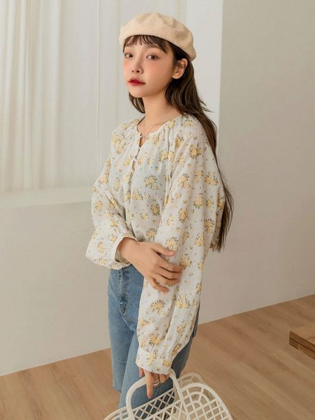 

dazy floral print quarter button raglan sleeve blouse n9hv#, White