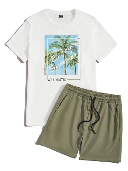 

men coconut tree & slogan graphic tee & drawstring waist shorts c2my#, Gray