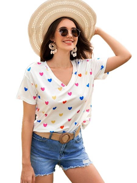 

heart print v neck tee j6q5#, White