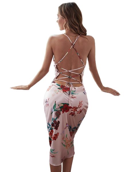 

floral print lace up backless nightdress k1oo#, Black;red