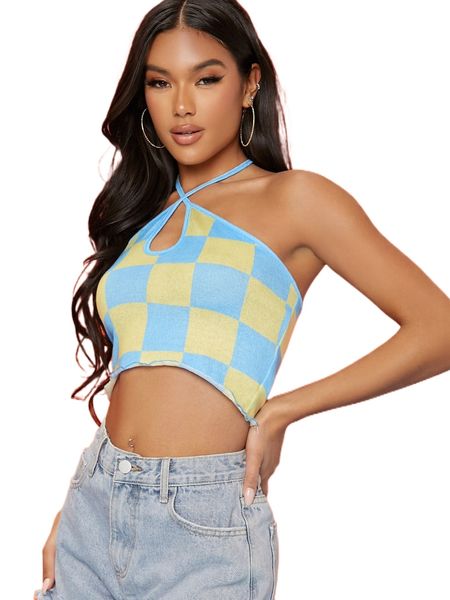 

checkered print backless crop halter b90o#, White