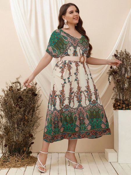 

plus paisley & floral print dolman sleeve dress without belt h8vp#, Black