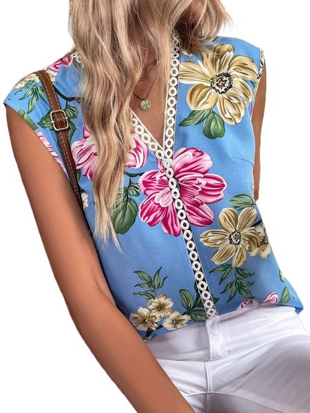 

floral print guipure lace panel batwing sleeve blouse r46h#, White