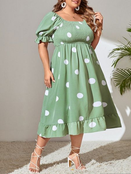 

plus polka dot print shirred ruffle hem dress 03ua#, Black