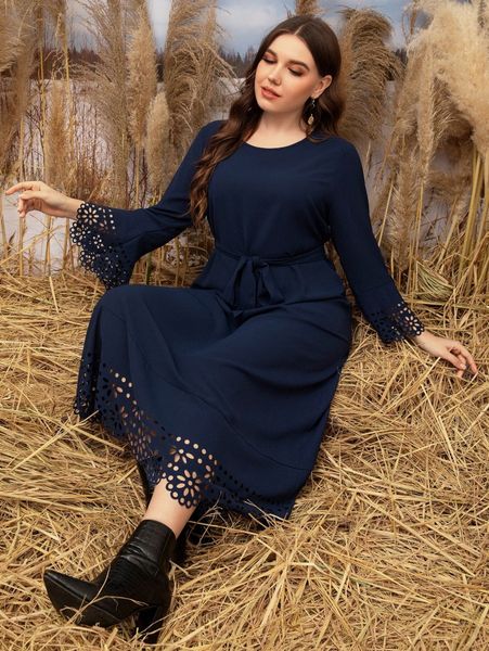 

plus laser cut trumpet sleeve ruffle hem belted dress e52u#, Black
