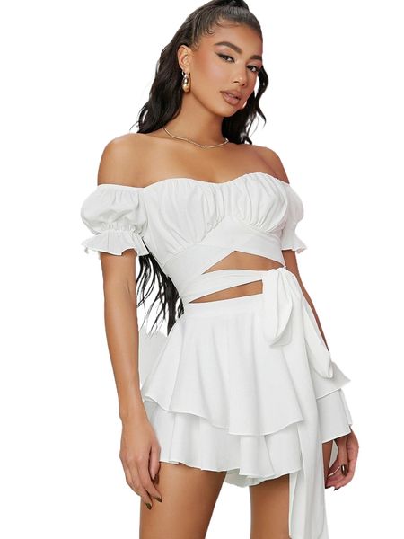 

tie front off shoulder & layered hem skirt s8zv#, White