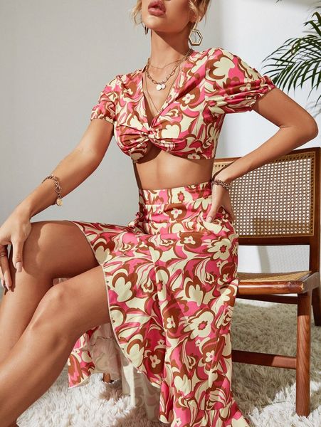 

floral print twist & asymmetric ruffle hem skirt t2gx#, White