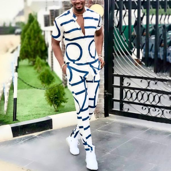 

spring summer mens casual two piece sets short sleeve and long pants suit fashion pattern print outfit men streetwear 220621, Gray