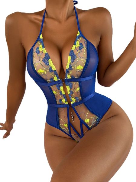 

mesh embroidery ring linked halter teddy bodysuit e3n8#, Black;red