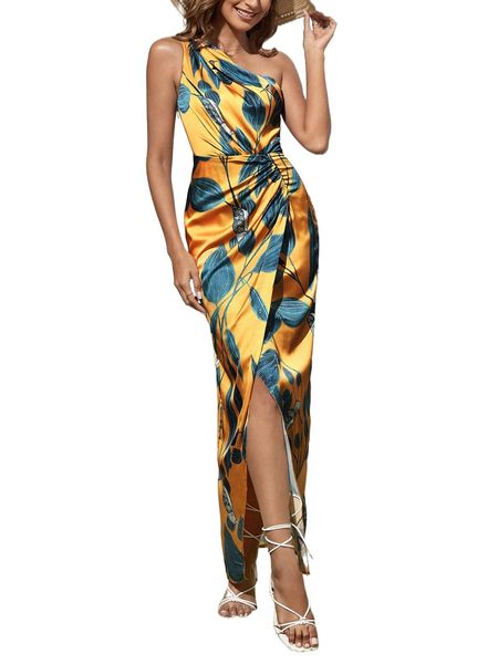 

bird & p.lant print o.ne s.houlder r.uched detail d.ress h2sp#, Black;gray