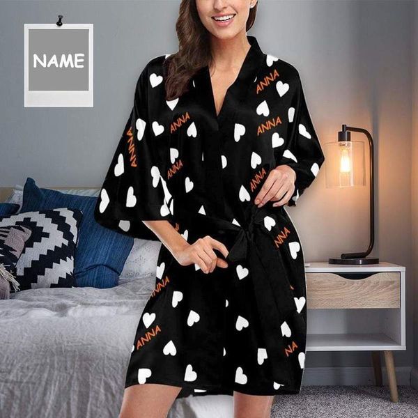 Nome personalizado Heart Women Women curto Kimono Robe Background Presentes Personalizados Feminino Autumn Indoor Soft Paijama Conjunto Sleepwear 220621
