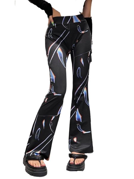 

graphic print flare leg pants z7q2#, Black;white