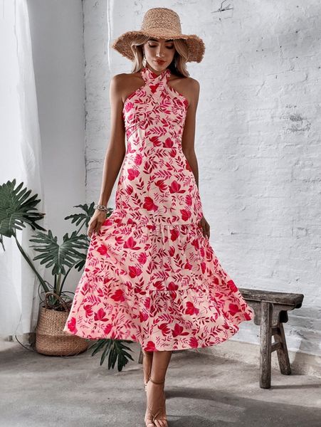 

plants print ruffle hem halter dress g42g#, Black;gray