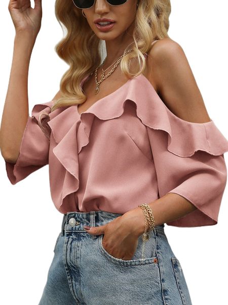 

cold shoulder ruffle trim blouse p2pe#, White
