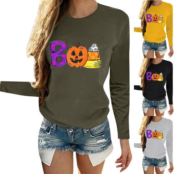 Damen Blusen Hemden Seidenbluse Halloween Damen Stempeldruck Mode Weicher Rundhalsausschnitt Lose Langarm T-Shirt Bedruckte Damenbluse