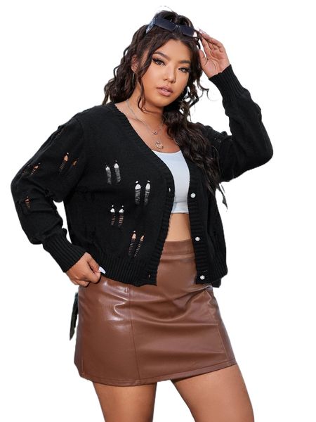 

plus ripped button front cardigan m5si#, Black