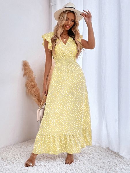 

allover print ruffle trim shirred waist dress c2sb#, Black;gray