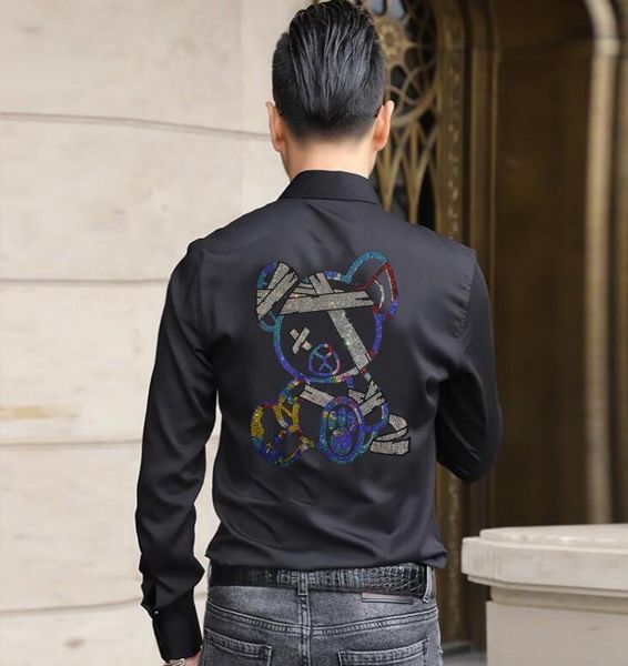 

european american men's clothing casual fashion shirt rhinestone long sleeve shirt men, White;black