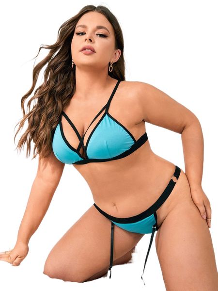 

plus contrast binding cross lingerie set k6hj#, Black;white