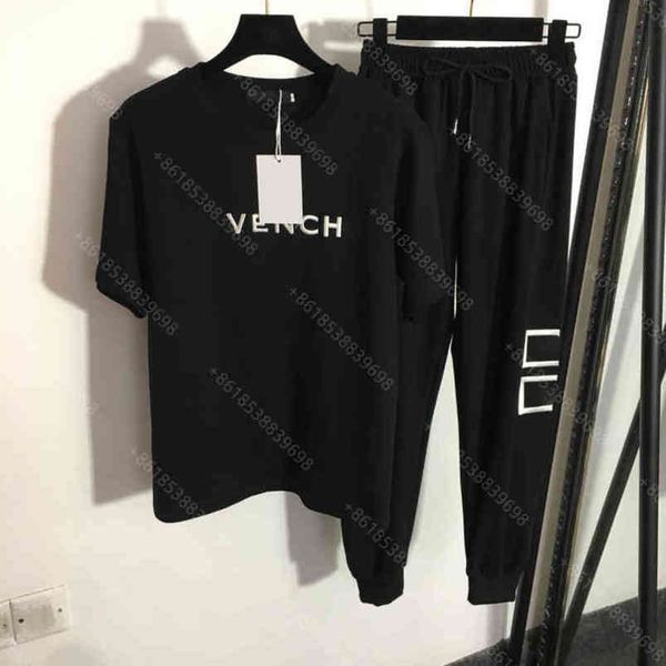 

women tracksuits two pieces sets cotton t-shirt casual straight pants letter logo high-end brand women apparel summer female clothing solid, White