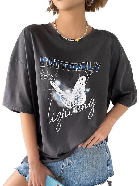 

dazy butterfly & letter graphic drop shoulder tee 75a7#, White