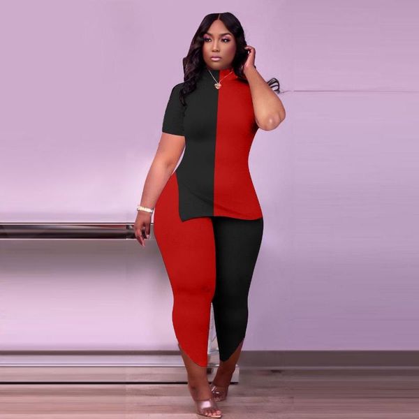 Kadınlar Artı Boyut Terzini Siyah Kırmızı Renkli Blok Patchwork Loungewear Suit Yan Bölünmüş Kısa Kollu Kazak ve Sıska Orta Buzağı Pantolon