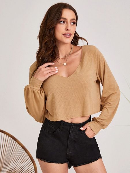 

lantern sleeve rib-knit crop tee u3mh#, White