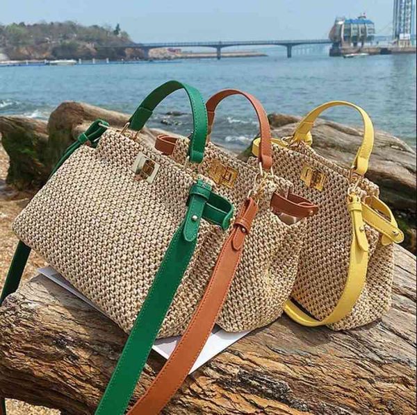 

weave square tote bag 2021 summer new high-quality straw women's designer hand beach travel shoulder messenger bag 220608