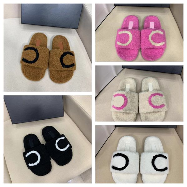 

2022 designers winter autumn women wool slippers fur fluffy furry warm c letters sandals slipper comfortable logo embroidery flip flop size, Black