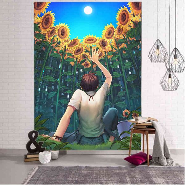 Vorhänge Wohnheim Schlafzimmer Dekor Boho Wandteppich Sonnenblume Cartoon Landschaft dekorativ J220804