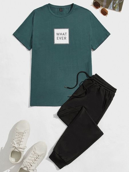 

men letter graphic tee & drawstring waist sweatpants v8ry#, Gray