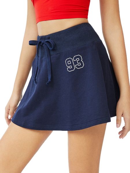 

drawstring waist number print skirt v5fj#, Black