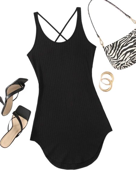 

crisscross back curved hem rib-knit dress e3yv#, Black;gray