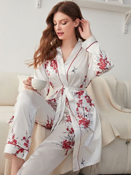 

floral print contrast piping belted satin pj set c584#, Black;red